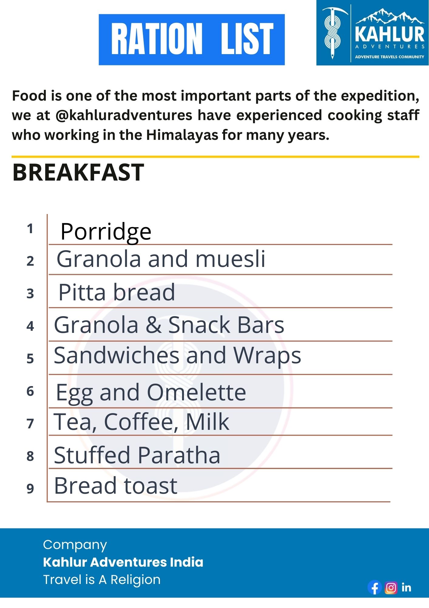 BREAKFAST List - kahlur Adventures India