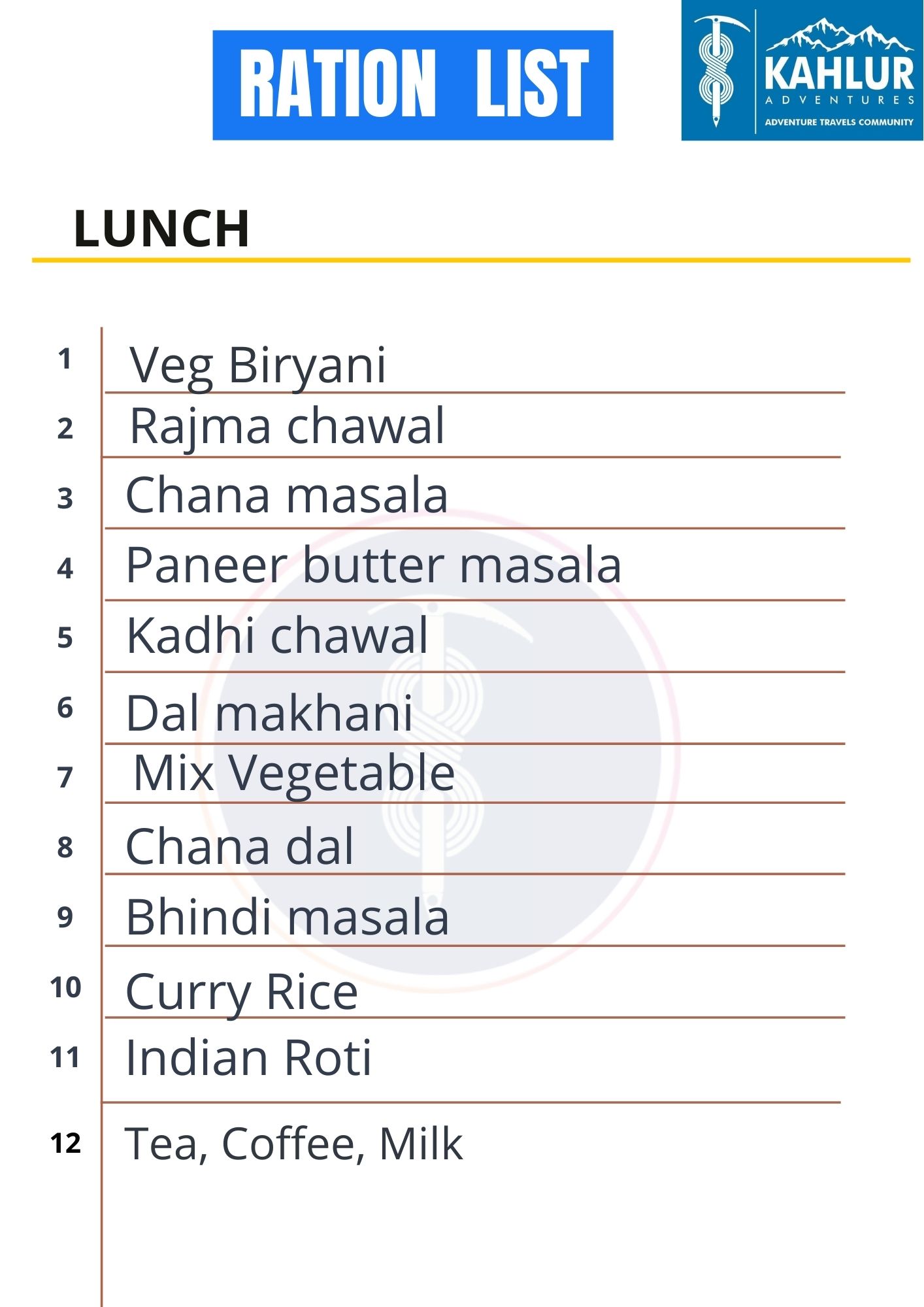 Lunch List - kahlur Adventures India