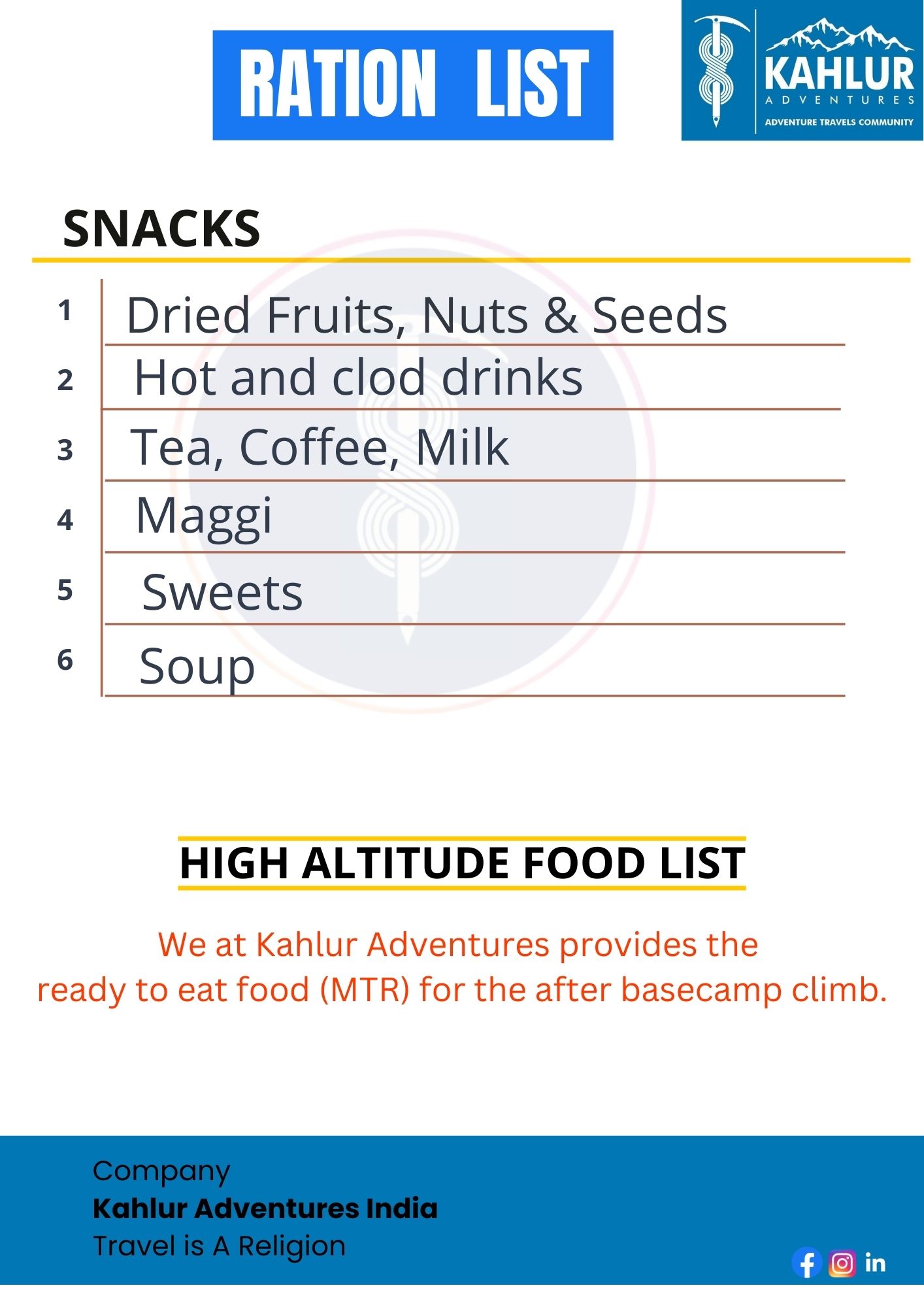 Snacks List - kahlur Adventures India