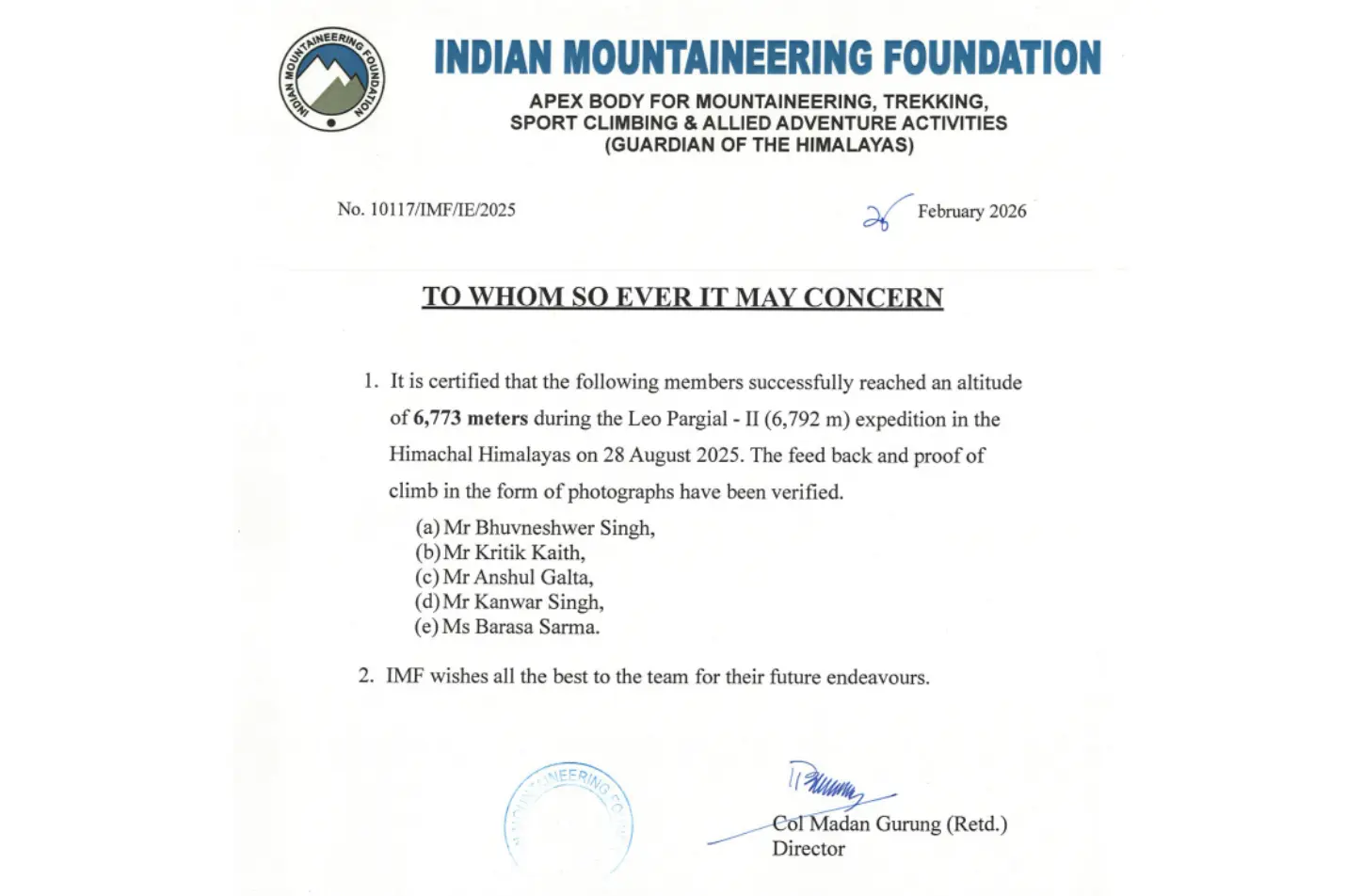 Mount Leo Purgyil 6773m Summit Certificate